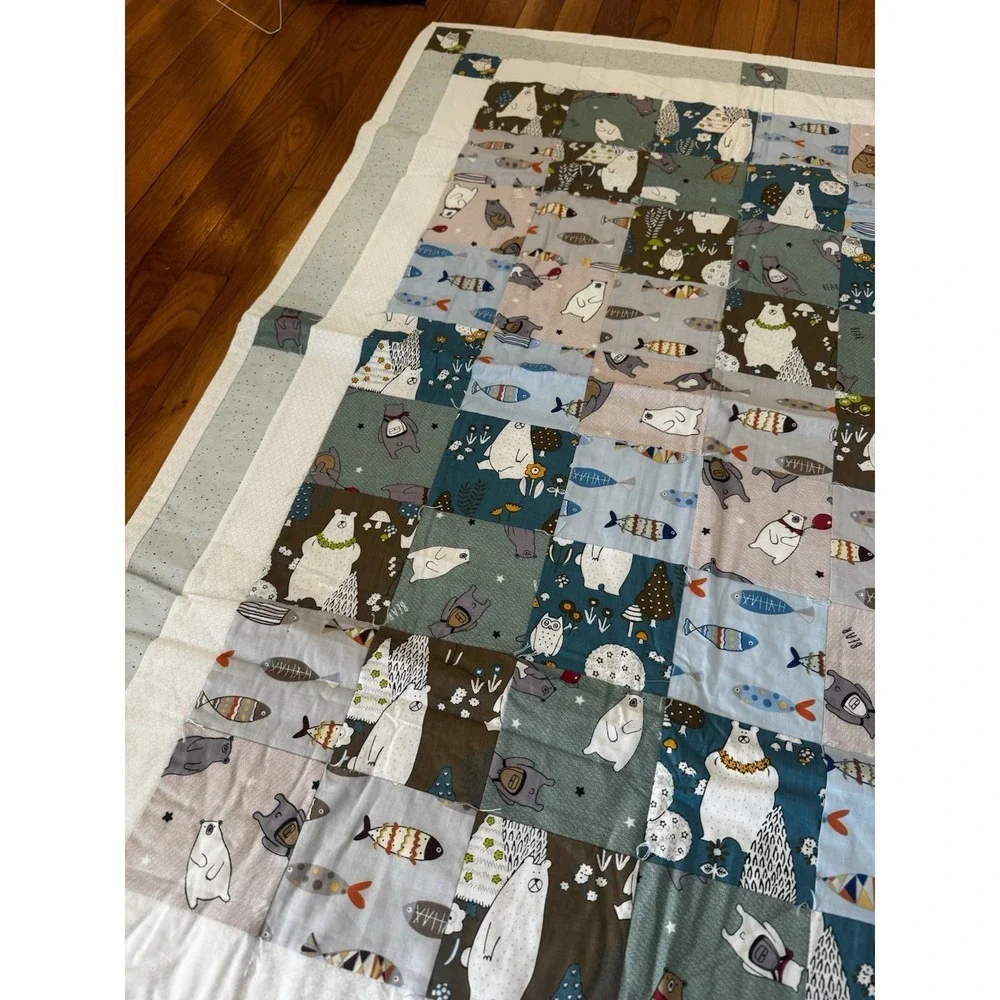 Handmade Bear And‎ Fish Patchwork Baby Boys Quilt Nursery Crib Blanket 37x49
